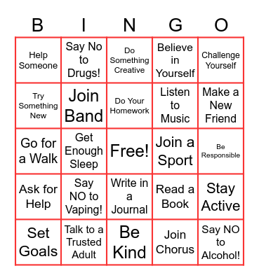 Red Ribbon Week - Healthy Habits Bingo Card