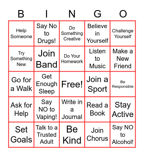 Red Ribbon Week - Healthy Habits Bingo Card
