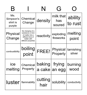 Physical and Chemical Changes & Properties Bingo Card