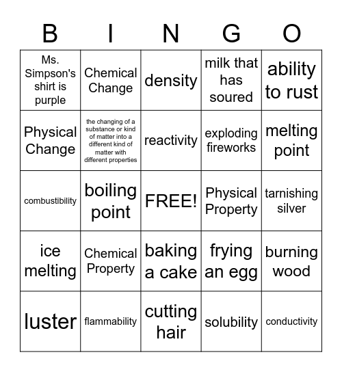 Physical and Chemical Changes & Properties Bingo Card