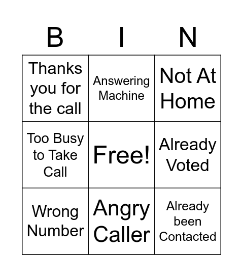 Phone Bank Bingo GOTV Bingo Card