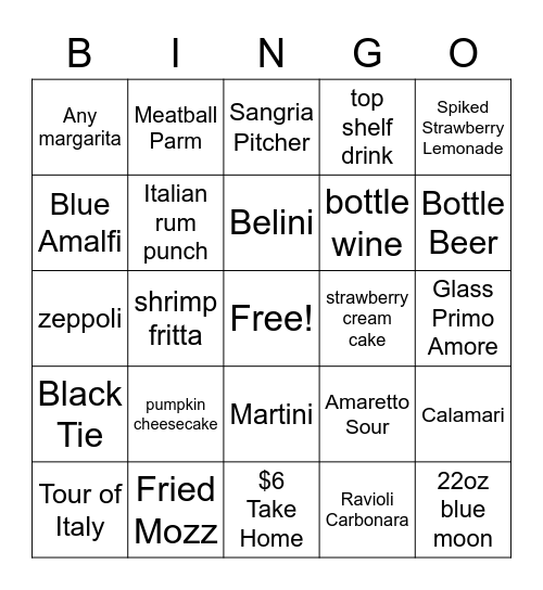 Olive Garden Bingo Card