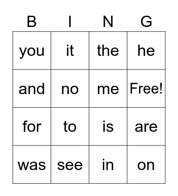 Sight Words Bingo Card