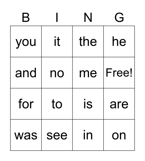 Sight Words Bingo Card