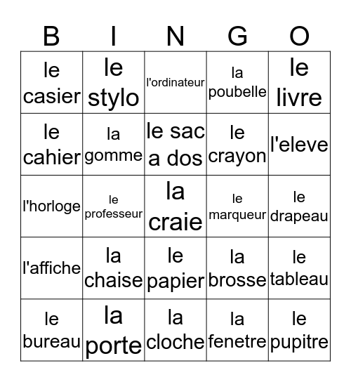 La Salle de Classe Bingo Card