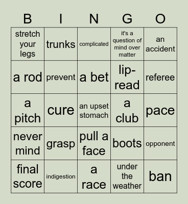 Sports Revision Bingo Card