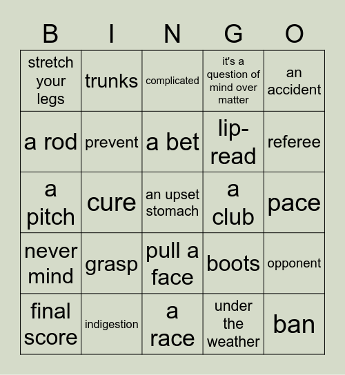 Sports Revision Bingo Card
