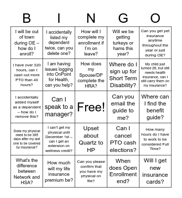 Open Enrollment BINGO Card