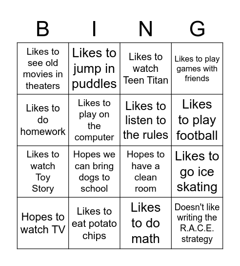 3rd Grade Bingo Card