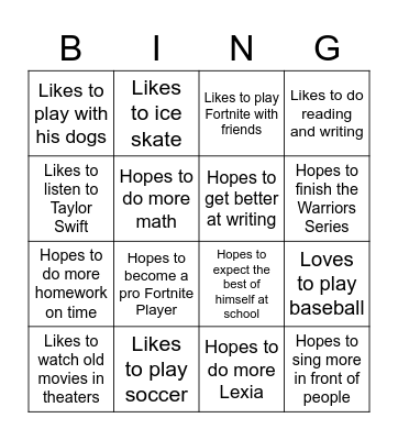 4th Grade Bingo Card