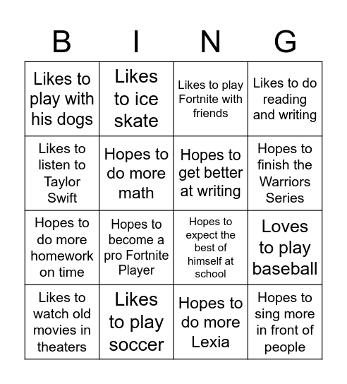 4th Grade Bingo Card
