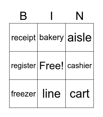 Shopping Words Bingo Card