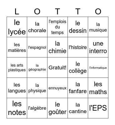 Les Cours à l'école Bingo Card