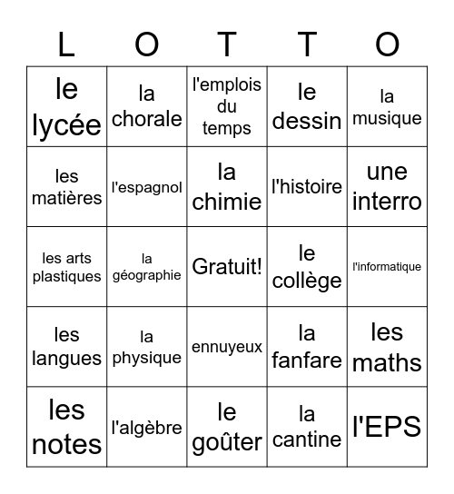 Les Cours à l'école Bingo Card