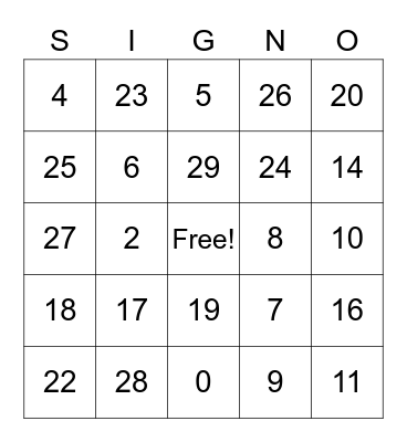 Numeros 0 - 30 Bingo Card