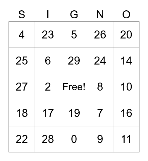 Numeros 0 - 30 Bingo Card