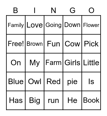 Sight Words Bingo Card