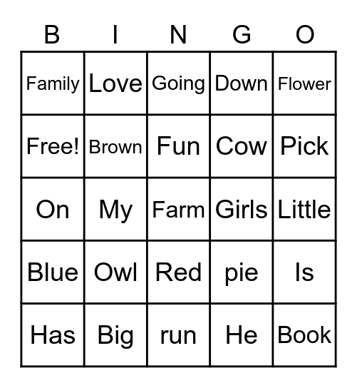 Sight Words Bingo Card