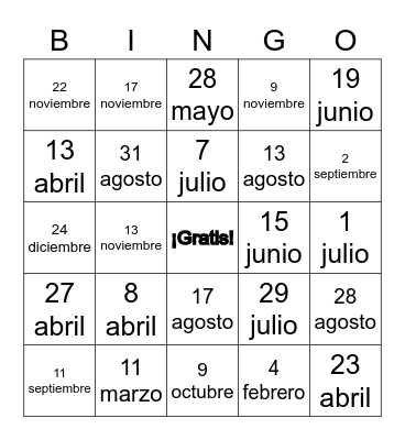 Mi cumpleaños es el ___ de ________ Bingo Card