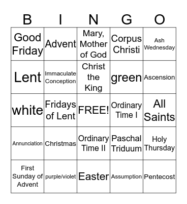 Liturgical Season Bingo Card