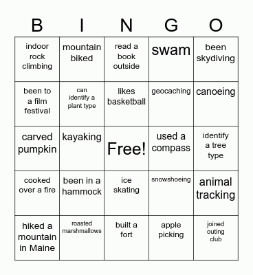 Outing Club Bingo Card