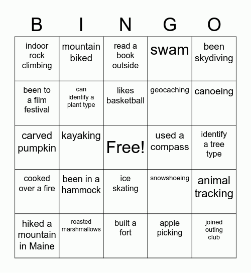 Outing Club Bingo Card