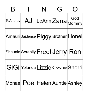 Haidene Family Bingo Card
