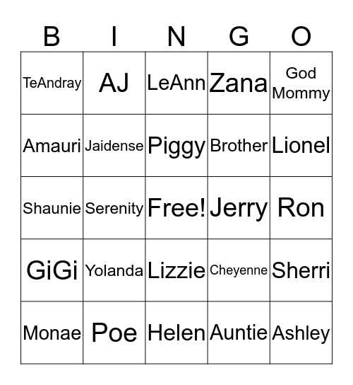 Haidene Family Bingo Card