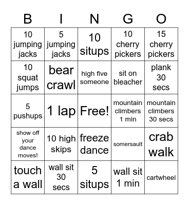 P.E. Bingo Card