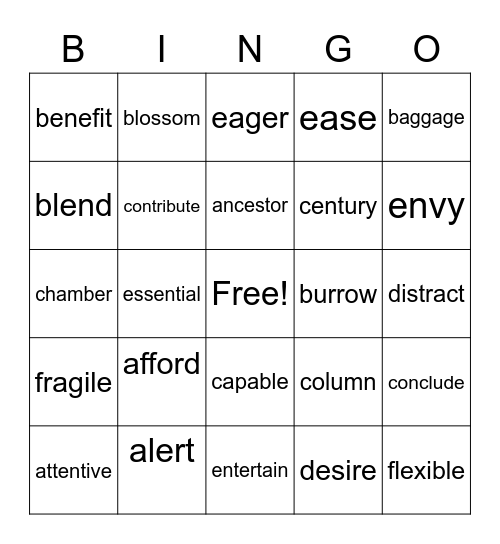 4th grade vocab Bingo Card