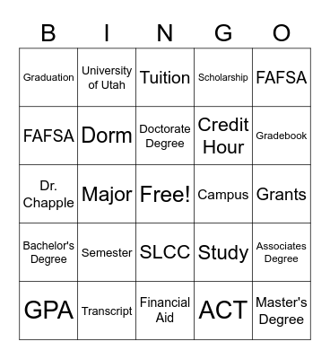 College Vocabulary Bingo Card