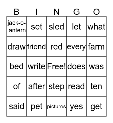 sight words  Bingo Card