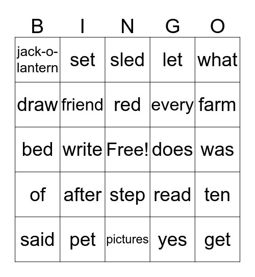 sight words  Bingo Card