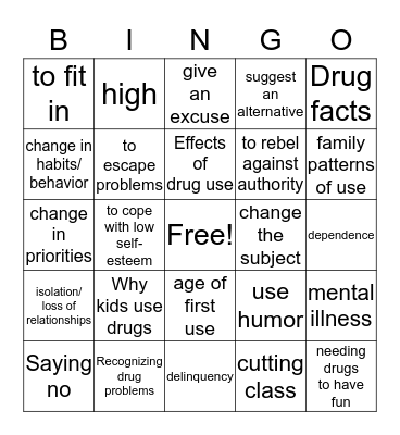 Substance Use Bingo Card