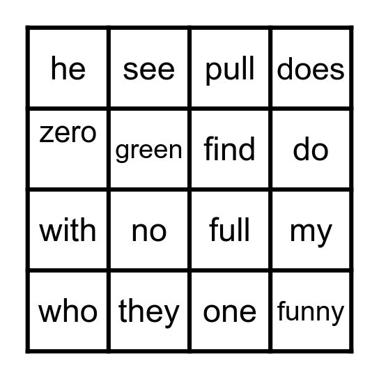 SIGHT WORD BINGO Card