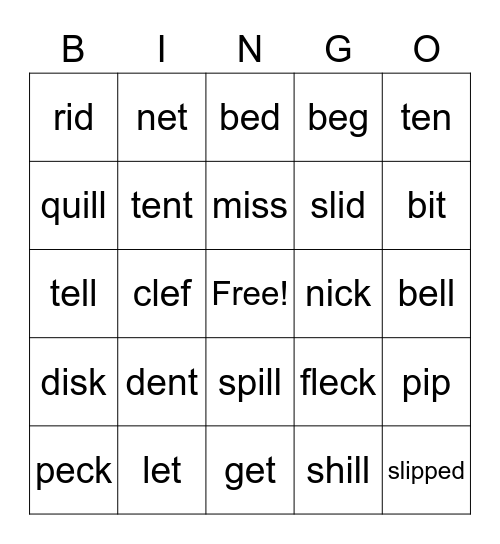 E/I Words Bingo Card