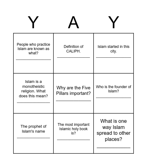Islam Review "YAY" Bingo Card