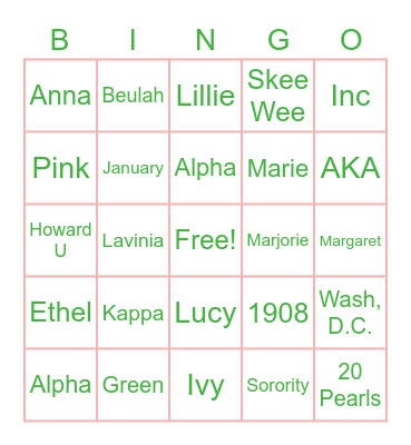 Pink & Green Bingo Card
