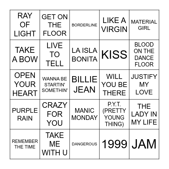 MADONNA, MJ, PRINCE Bingo Card