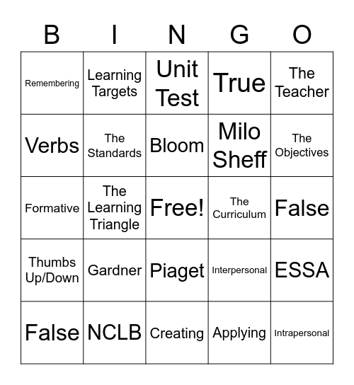 Intro to Teaching Mid-Term Review Bingo Card