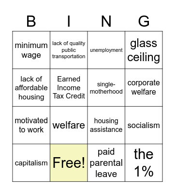 Working Poor Bingo Card