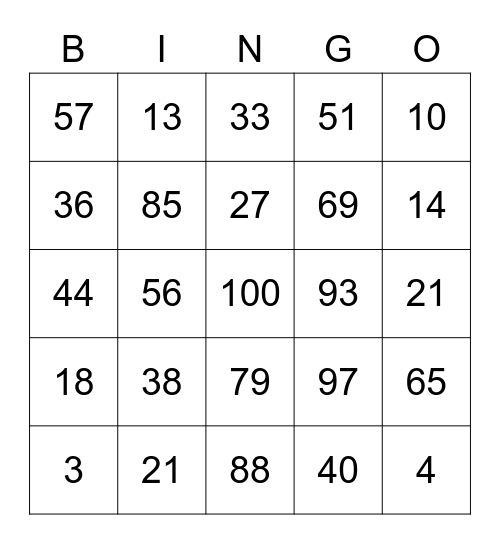 Bingo 1-100 Bingo Card