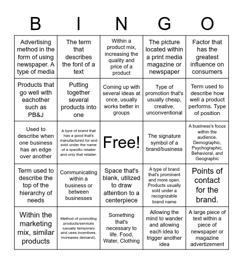 Marketing Application Bingo Card