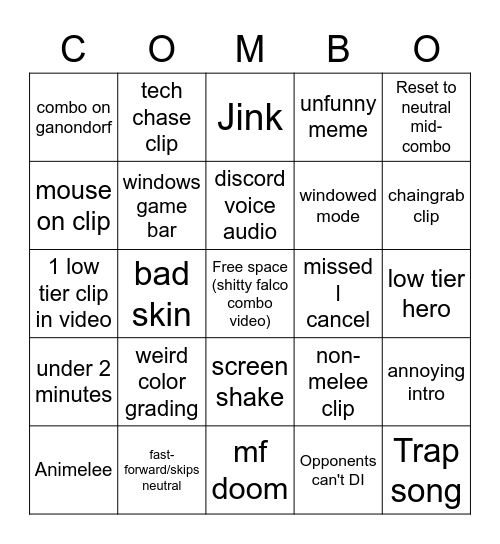 Combo Video Tuesday Bingo Card