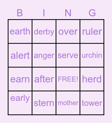 "ER" words Bingo Card