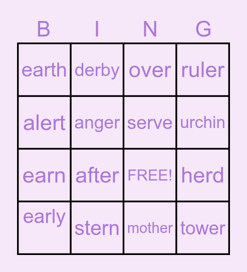 "ER" words Bingo Card