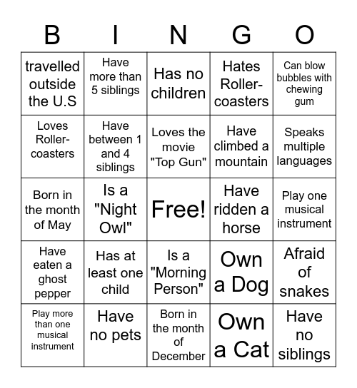 Get to Know You BINGO Card