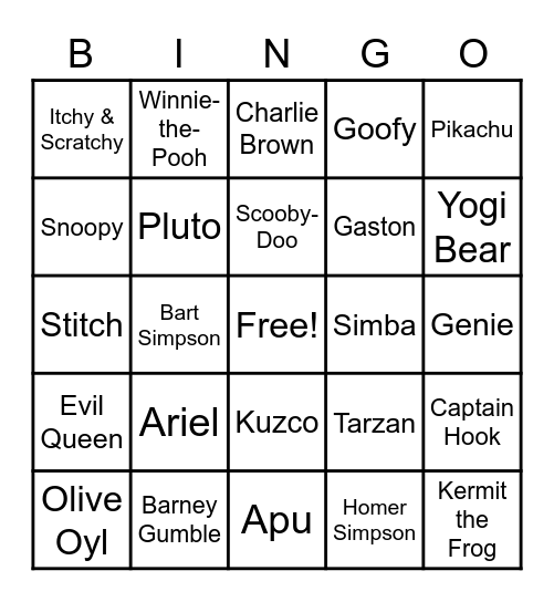 24 - Cartoon Characters Bingo Card