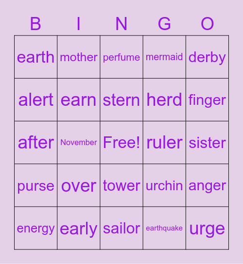 "ER" WORDS Bingo Card