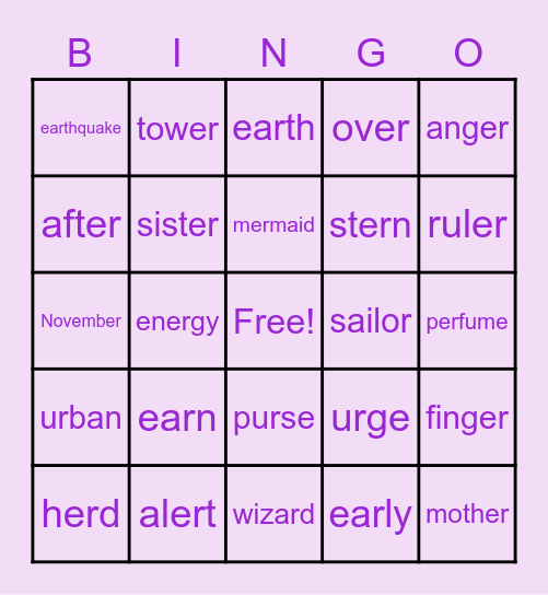 "ER" BINGO Card